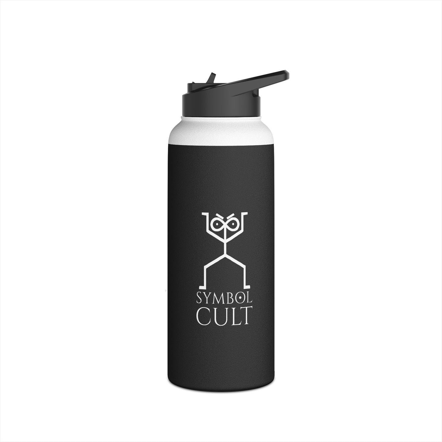 Black stainless steel water bottle with flip-up spout lid and white Symbol Cult stick figure logo on front panel