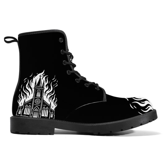 Black synthetic leather boot with burning church graphic and flame detailing on toe and side panel.