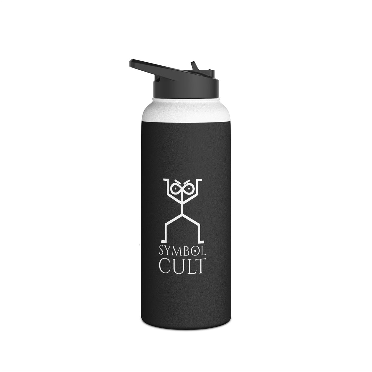 Black stainless steel water bottle with flip-up spout lid and white Symbol Cult logo on the front panel