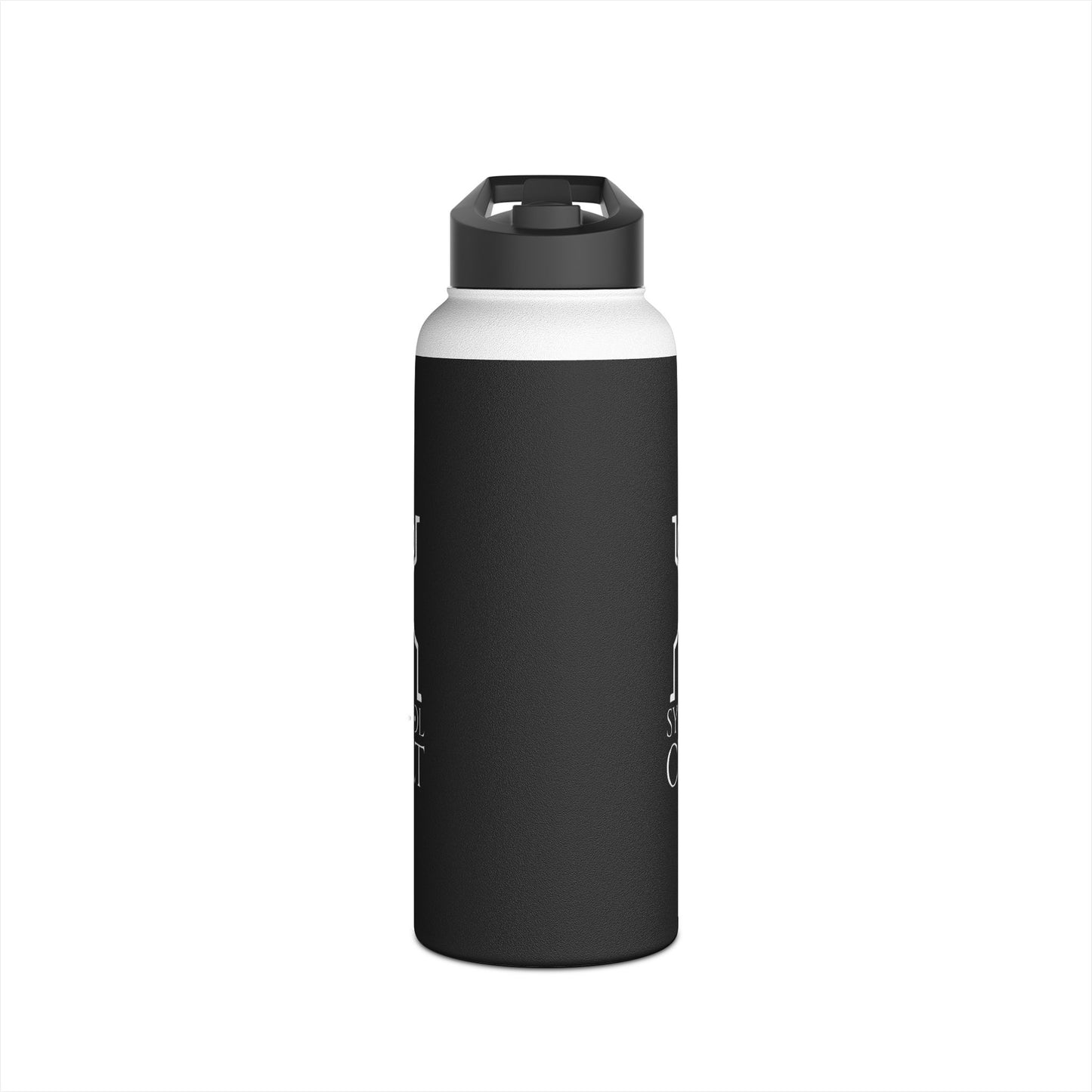 White and black stainless steel water bottle with a standard screw-on lid and insulated double-wall design.