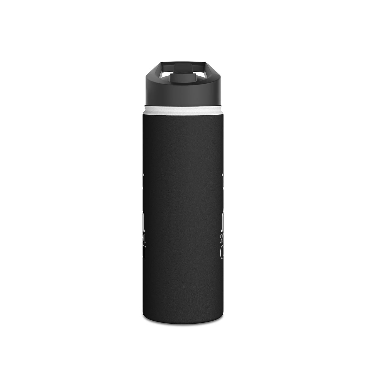 Matte black stainless steel water bottle with double-wall insulation and a standard screw-on lid for easy carrying.