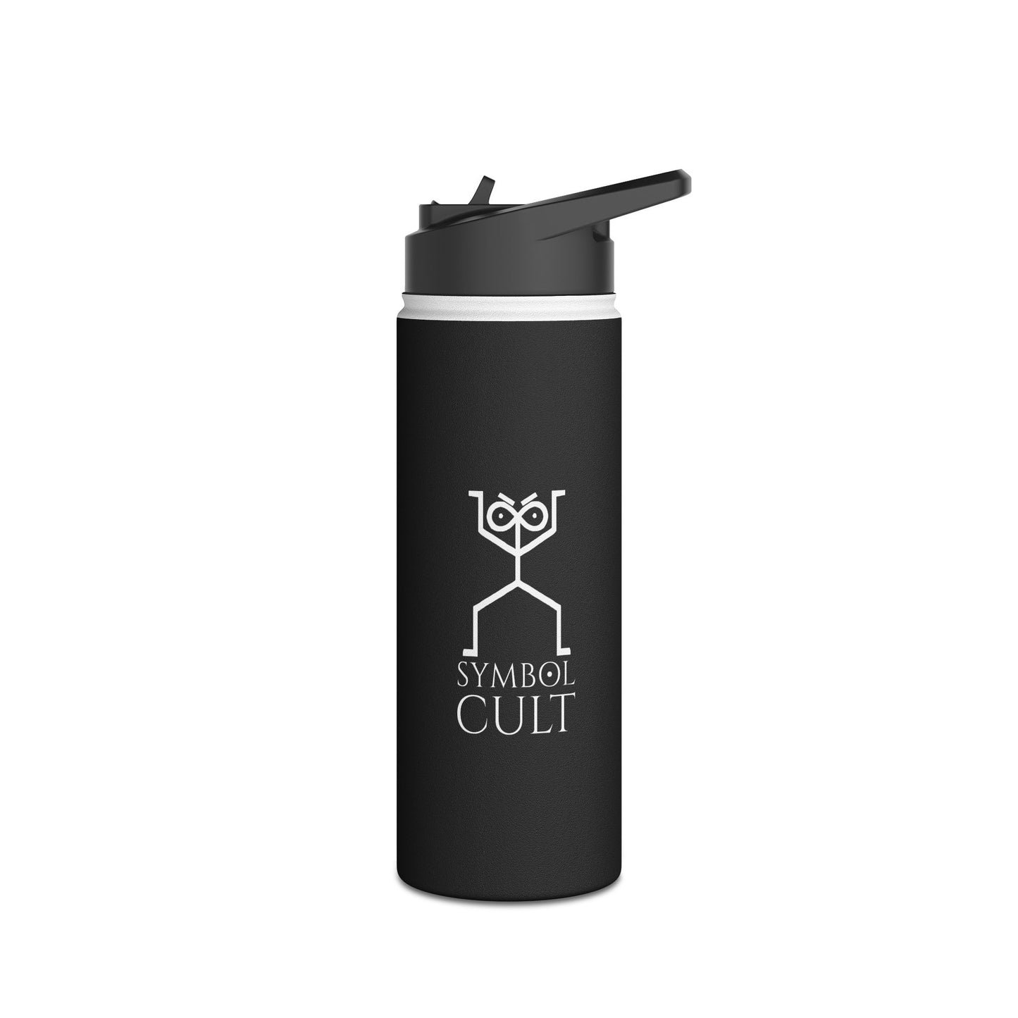Black stainless steel water bottle with flip-up spout lid and white Symbol Cult stick figure logo on the front panel