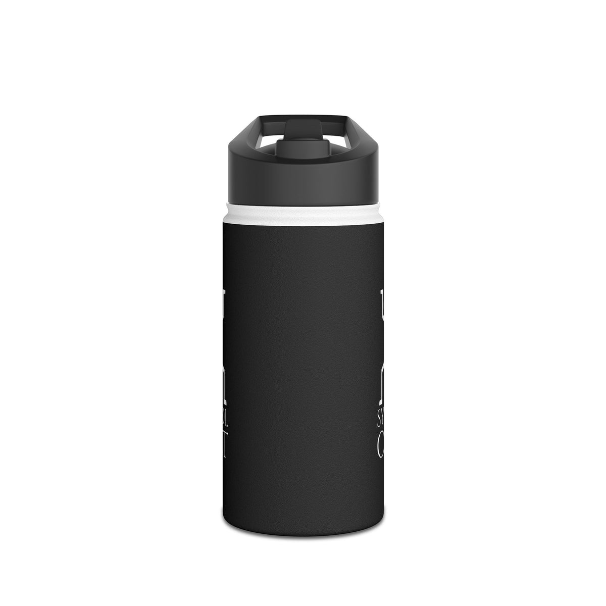 Black stainless steel water bottle with standard lid, double-wall insulated design for keeping drinks cold or hot.