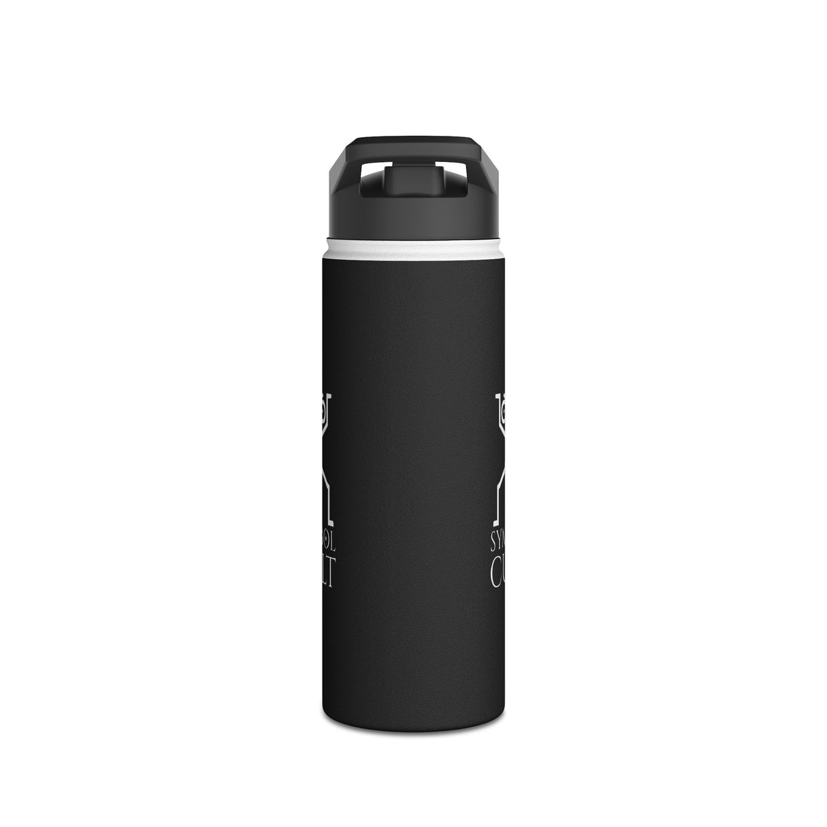 Black stainless steel water bottle with double-wall insulation and sturdy standard lid featuring Symbol Cult branding.