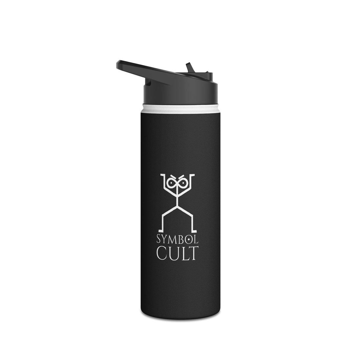 Matte black stainless steel water bottle with flip-top lid and white Symbol Cult logo on the front panel