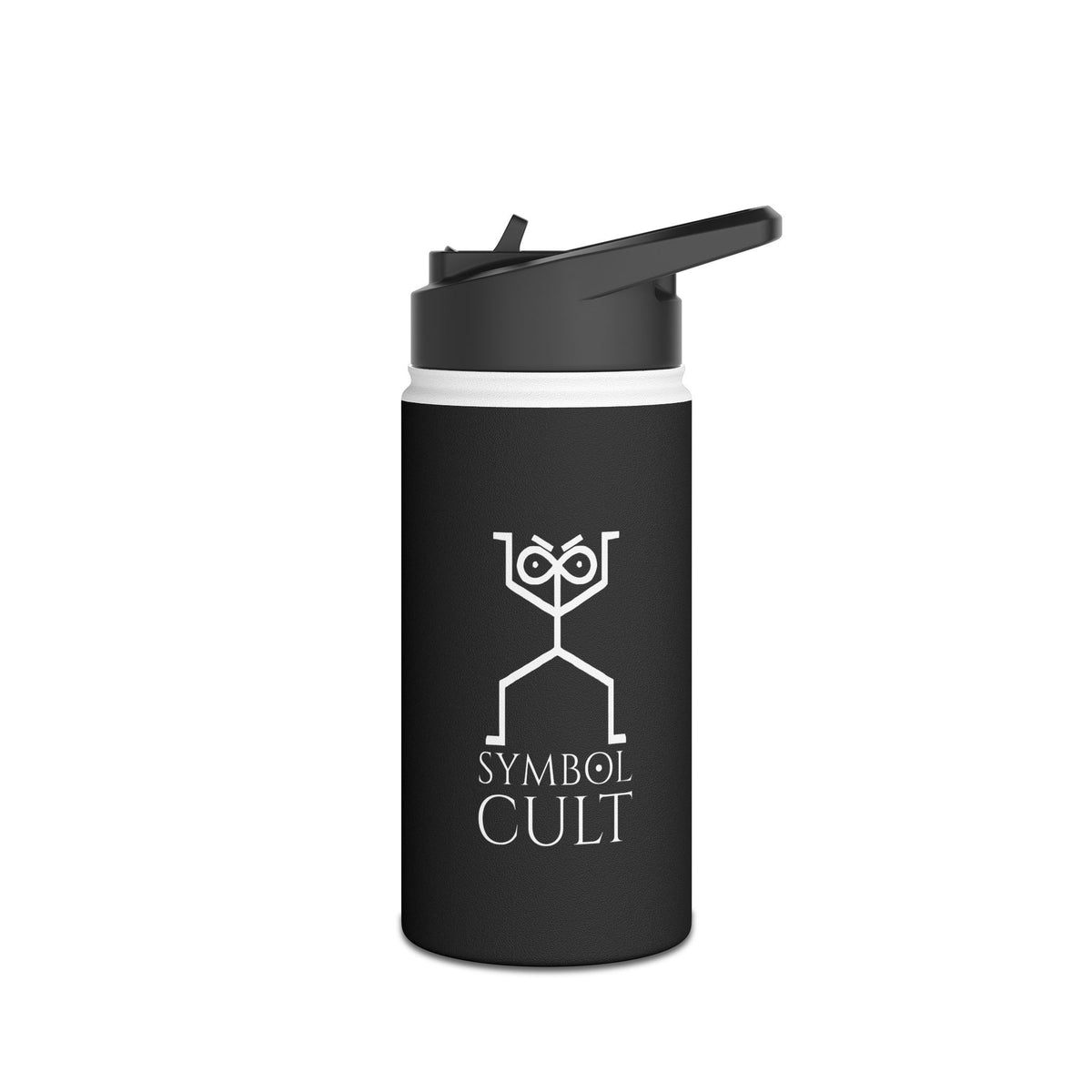 Black stainless steel water bottle with flip-top lid and distinctive Symbol Cult graphic on front panel.