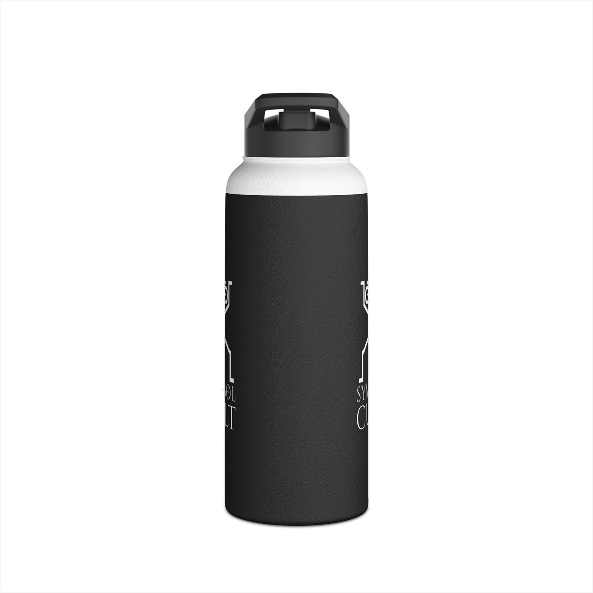 White and black stainless steel water bottle with standard screw-on lid and double-wall insulation for temperature control