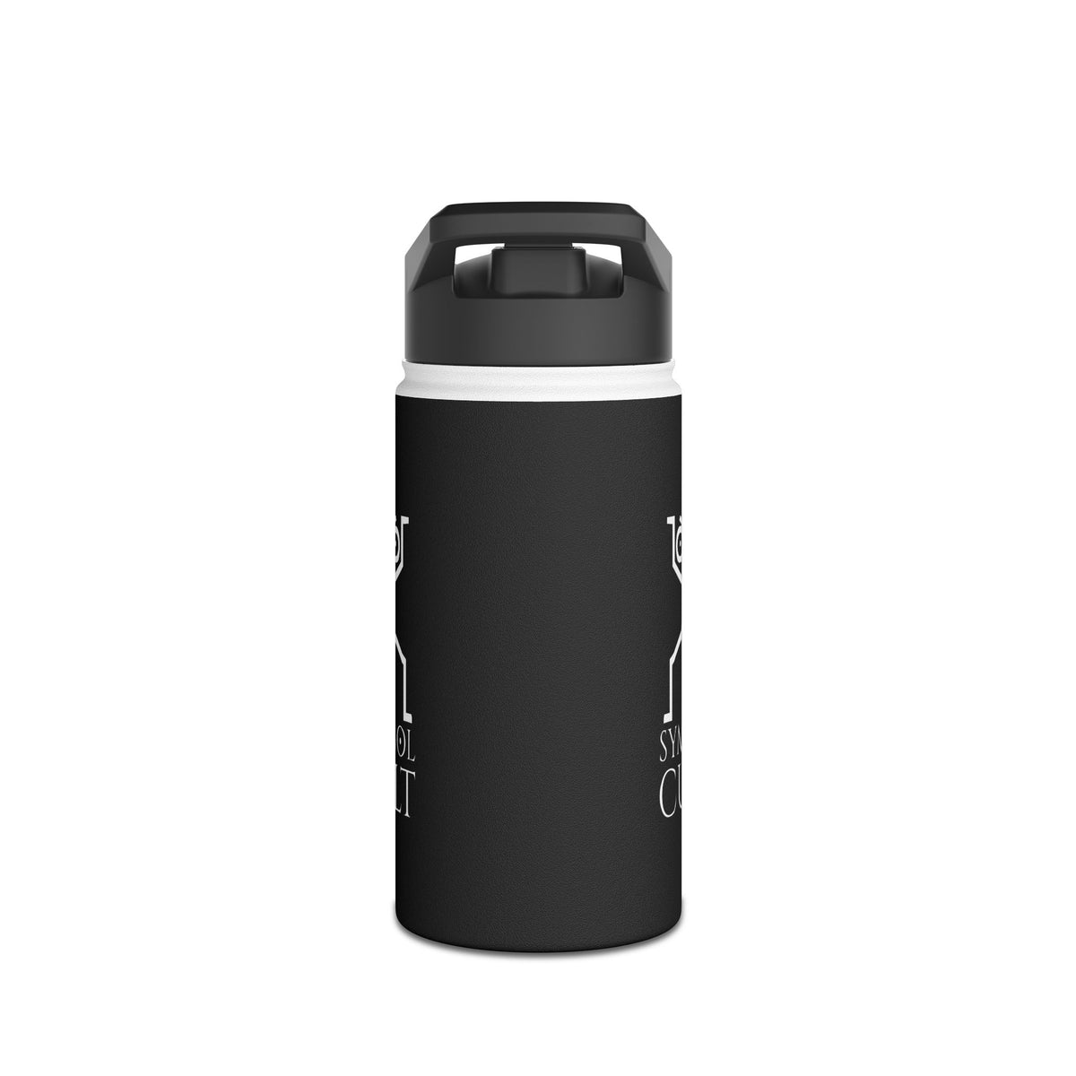 Black stainless steel water bottle with a sturdy standard lid and double-wall insulation for temperature retention.
