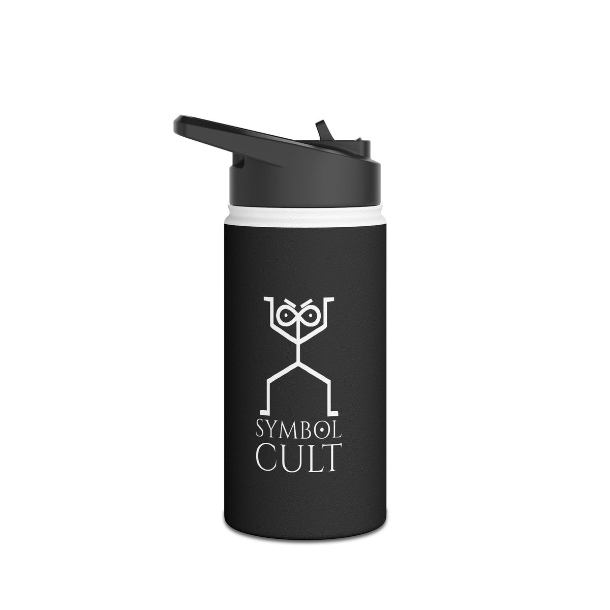 Black stainless steel water bottle with flip-top standard lid and unique Symbol Cult logo on the front panel.