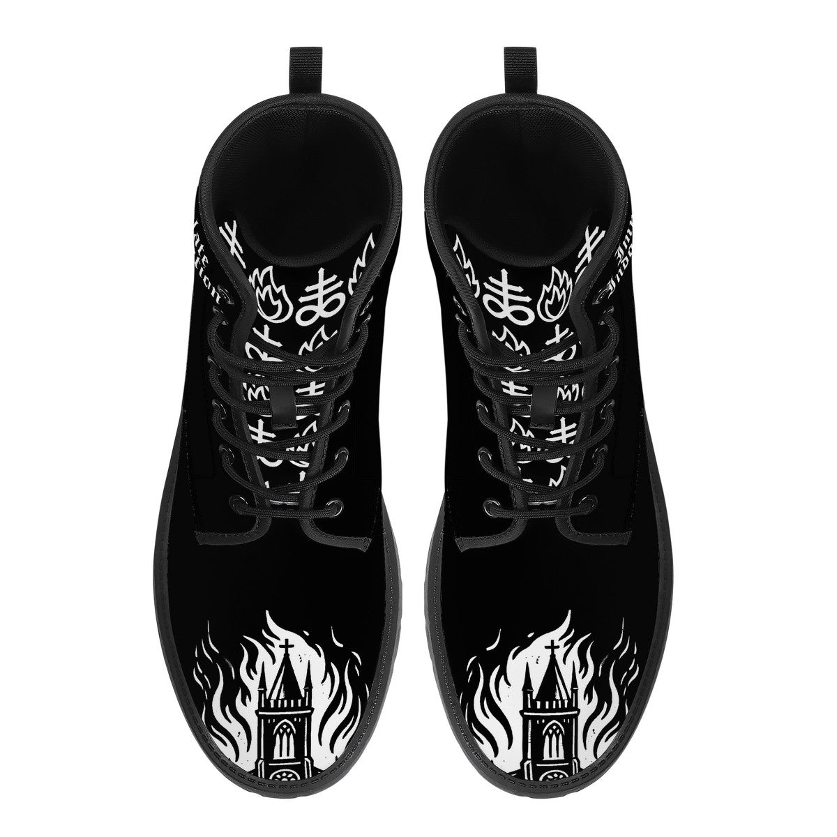 Black synthetic leather lace-up boots with white flaming church and occult cross symbols on toe and tongue panels.