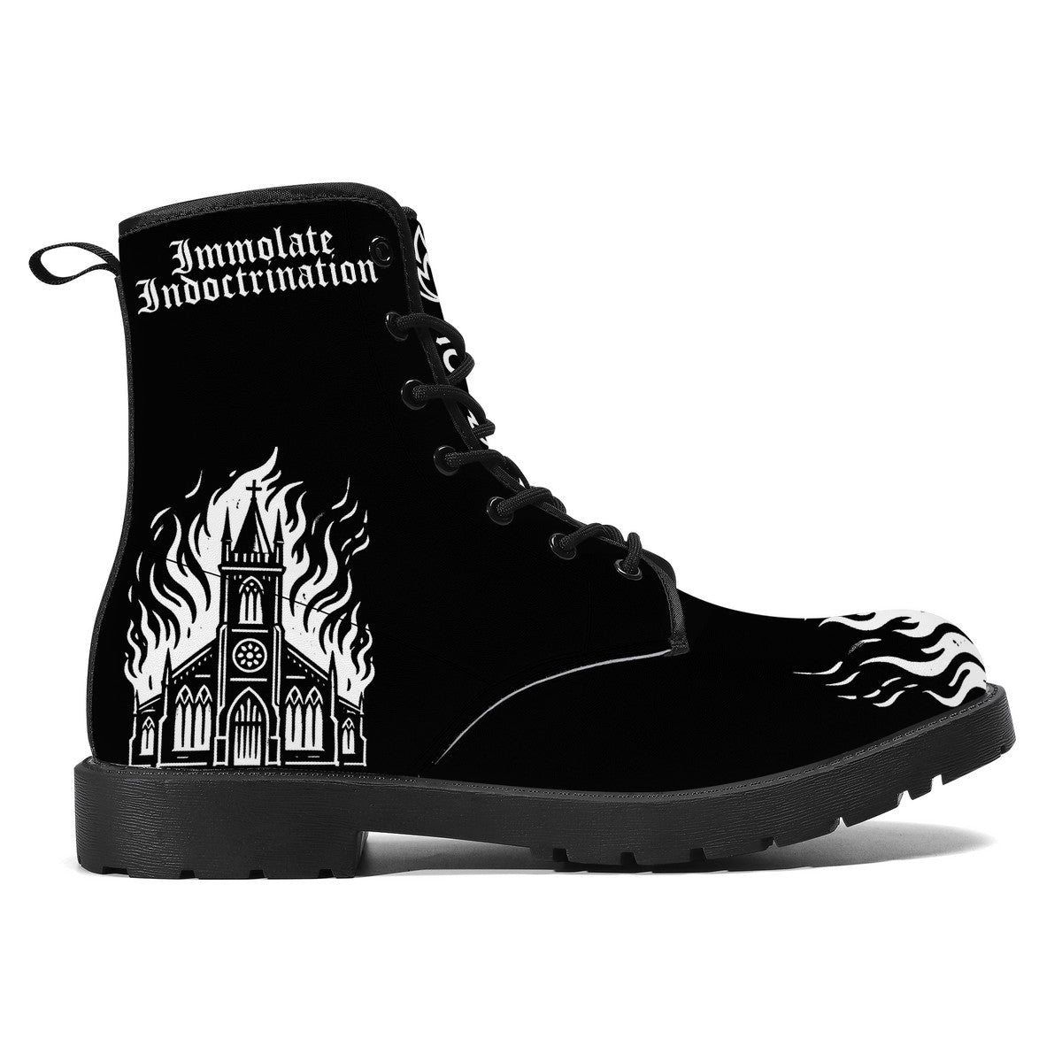 Black synthetic leather boot with lace-up front, featuring a flaming church and Immolate Indoctrination text on the shaft.
