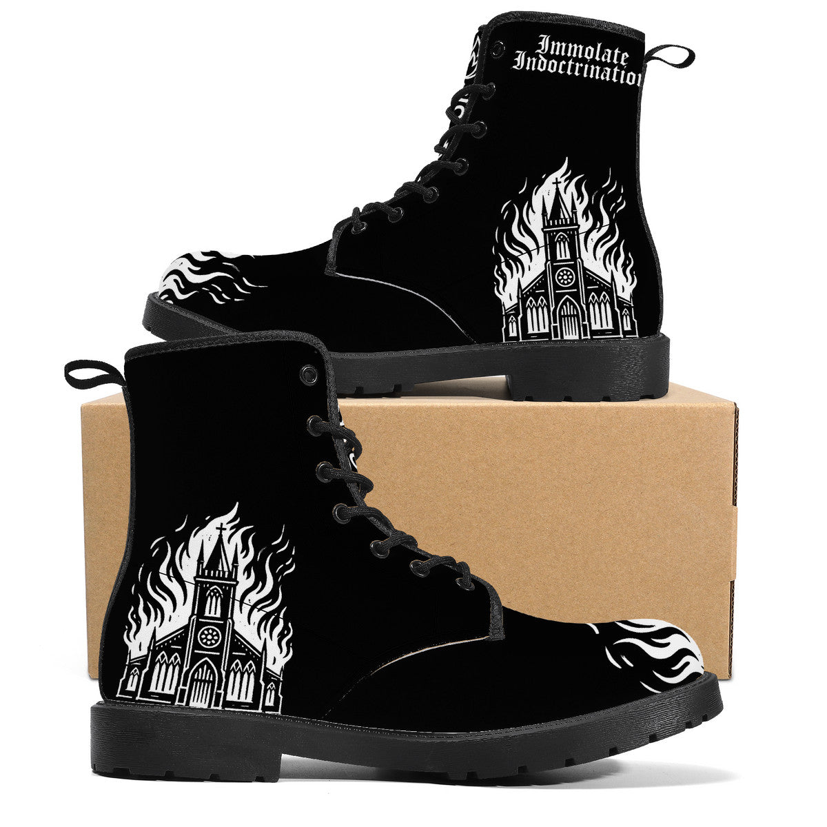 Black synthetic leather lace-up boots with flaming church graphic and Immolate Indoctrination text on the ankle panel