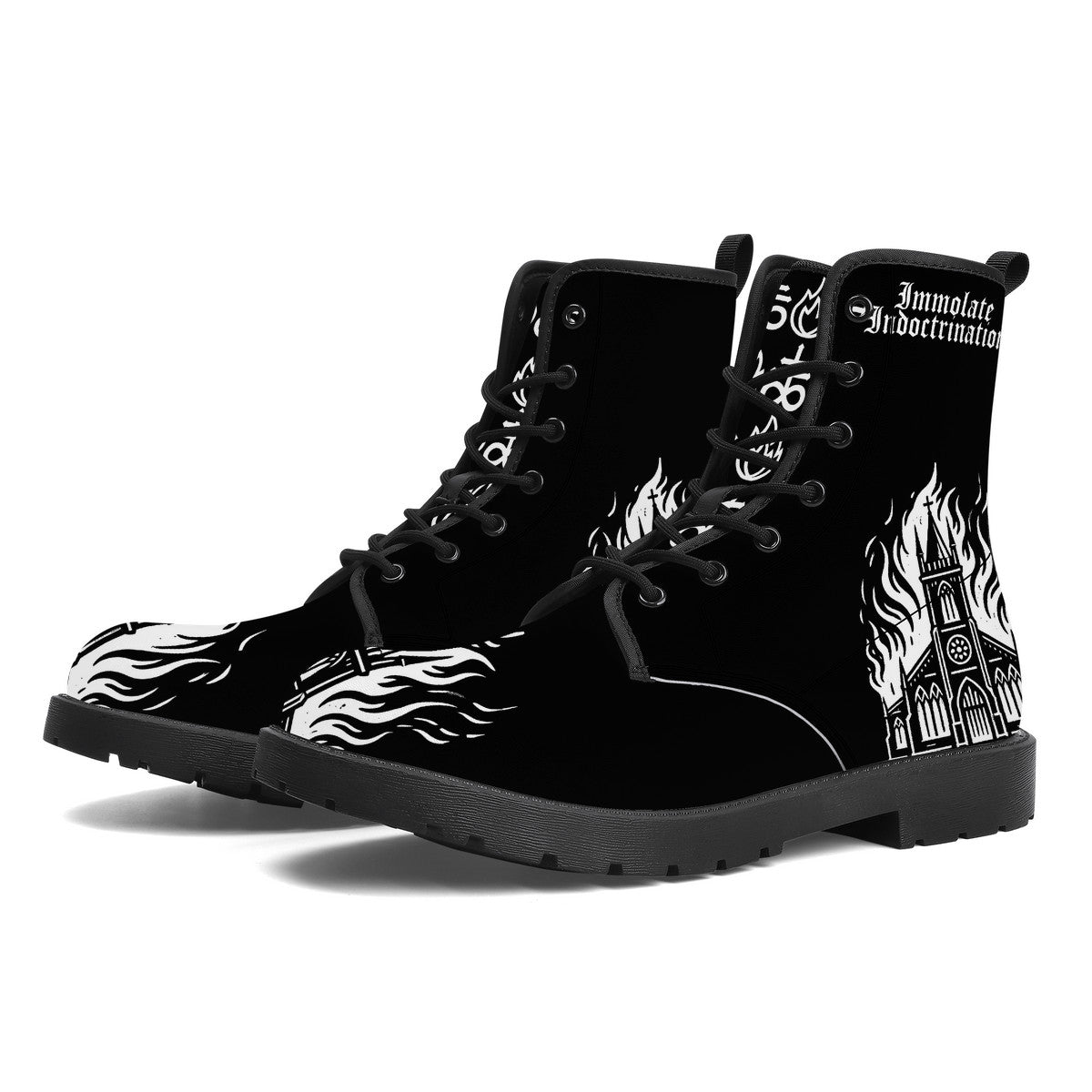Black vegan leather lace-up boots with flaming church and occult symbols on the shaft and side panel.