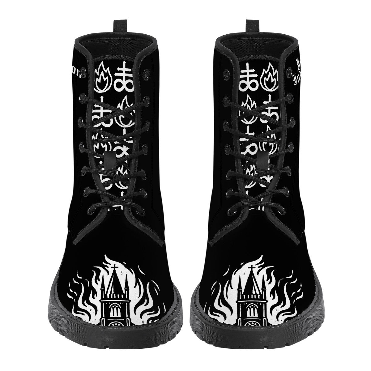 Black vegan leather lace-up boots with burning church and occult symbols on toe and upper panels.