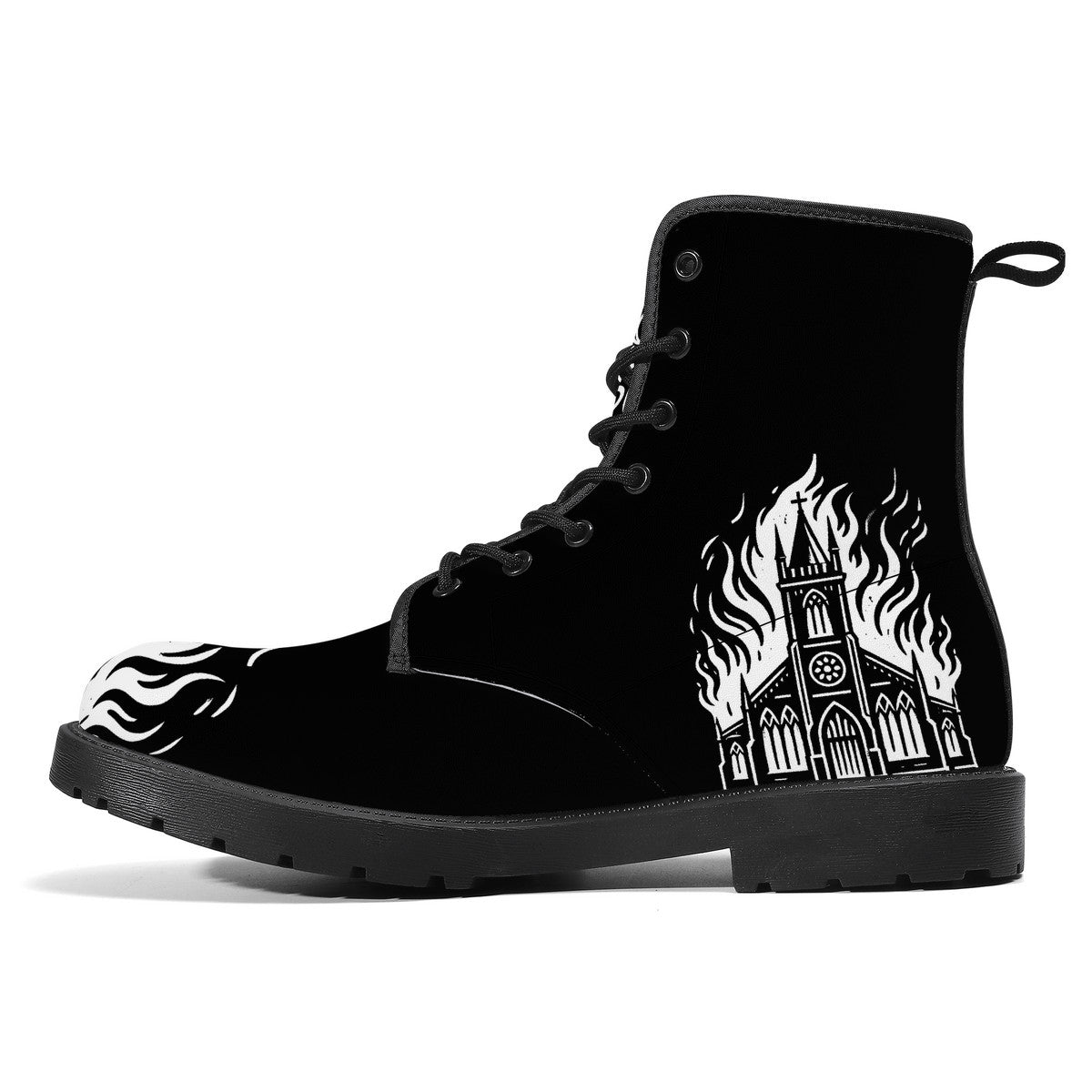Black vegan leather boot featuring lace-up design and graphic of a church engulfed in flames on the side panel.