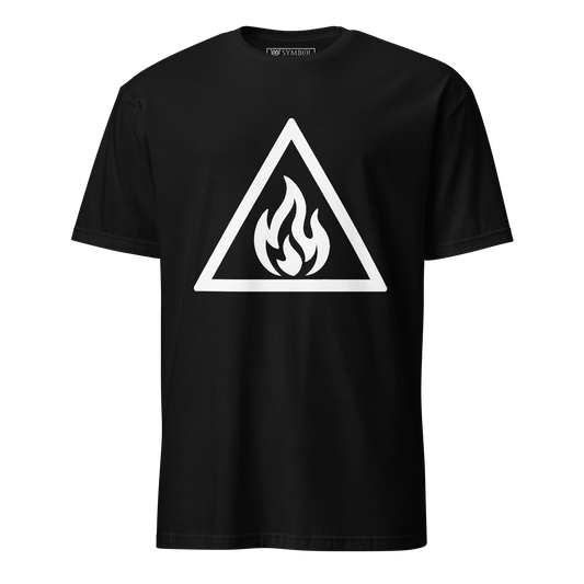 Fire element symbol from The Alchemy Series in white on black occult t-shirt