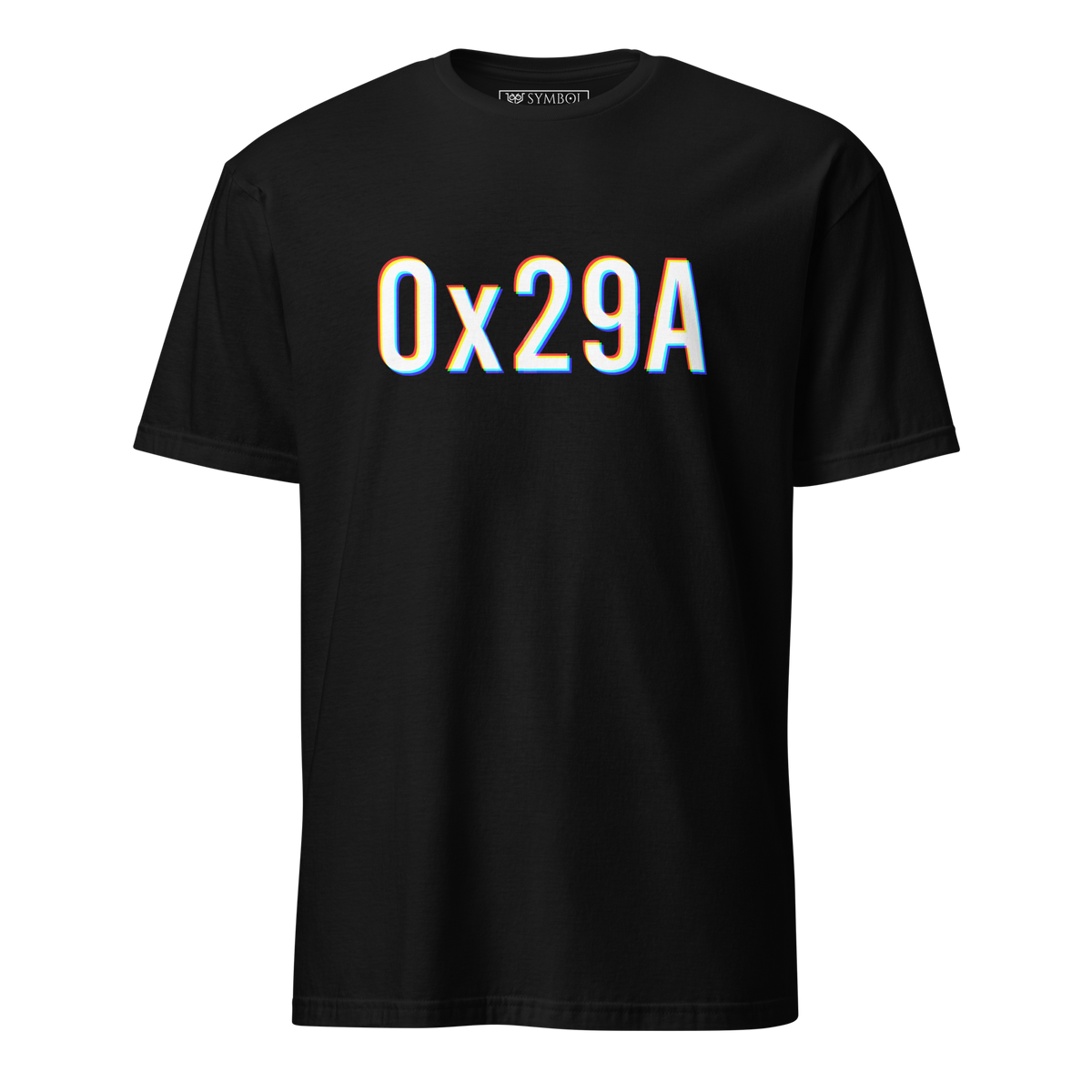 0x29A which is hexadecimal for 666 is white with a glitch effect of red and blue coming off either side on a black shirt