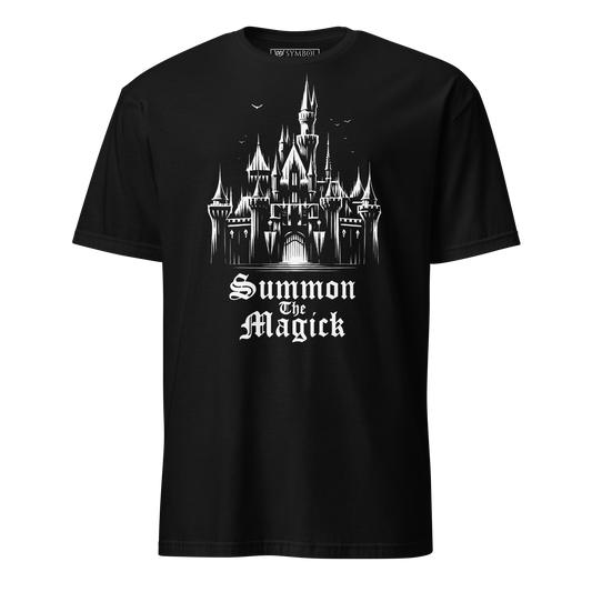 Beuatiful gothic fantasy style castle with tiny bats flying in the background. underneath are the word summon the magick in a fantasy gothic font.