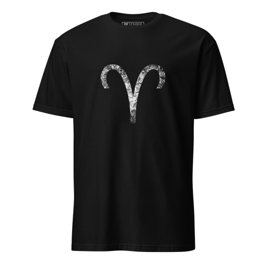 Aries zodiac symbol in white with a grunge effect on gothic black shirt from The Zodiac Gronge Series by Symbol Cult