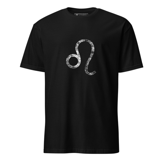 Leo zodiac symbol in white with a grunge effect on gothic black shirt from The Zodiac Gronge Series by Symbol Cult