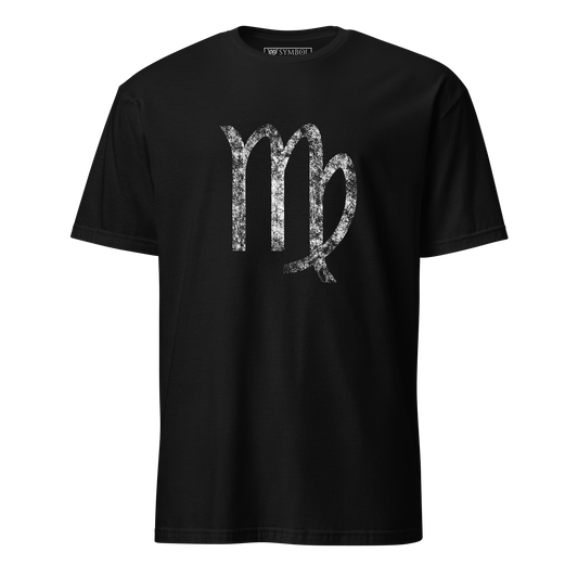 Virgo zodiac symbol in white with a grunge effect on gothic black shirt from The Zodiac Gronge Series by Symbol Cult